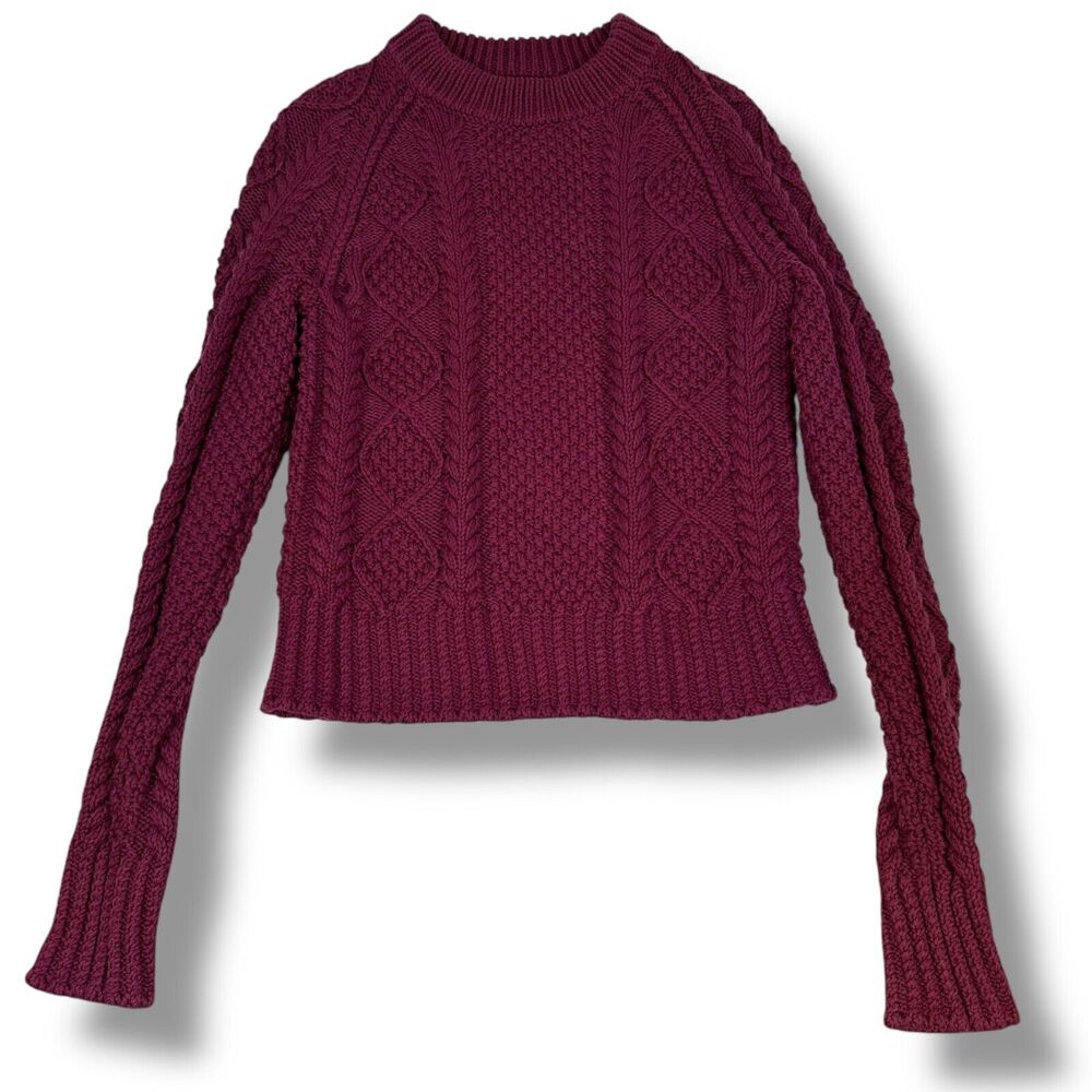 LL Bean Signature Fisherman Cable Knit Crop Sweater Womens 2XS XXS Maroon Cotton